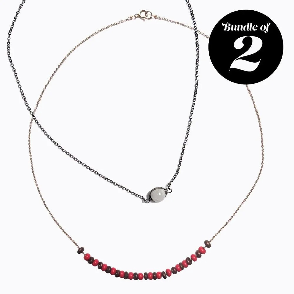 Set of 2 Necklaces | White Bead | Red & Brown Beaded | Handmade Beaded Jewelry